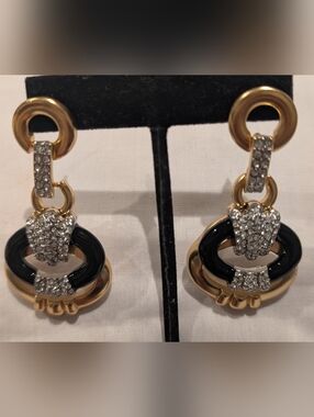 Catwalk Jon Gold-Tone Drop Earrings with Black Enamel Rings and Crystal Accents
